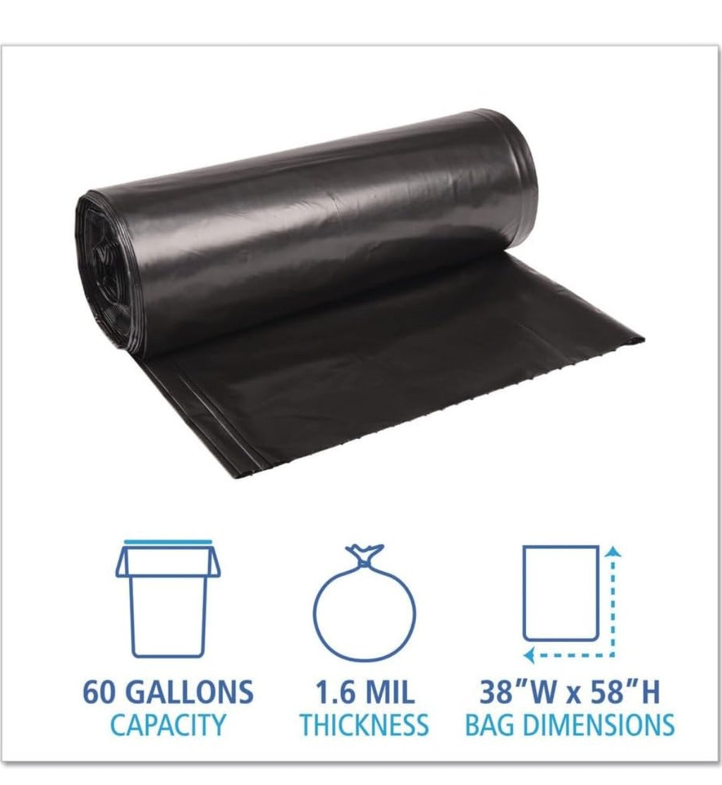 Boardwalk 523 Super Extra-Heavy Repro Can Liner, 38x58, 1.6 Mil, 60gal, Blk, 10 Bags per Roll (Case of 10 Rolls)
